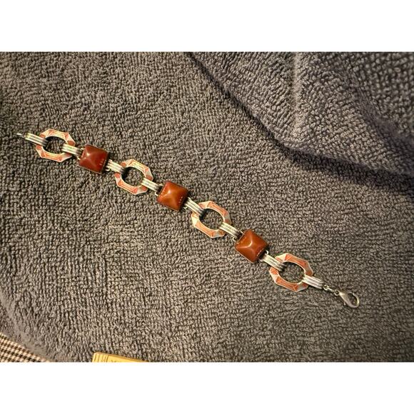 Vintage Art Deco Sterling Red Enamel Bracelet Carnelian Sard Pyramid Cabochon - Picture 5 of 11